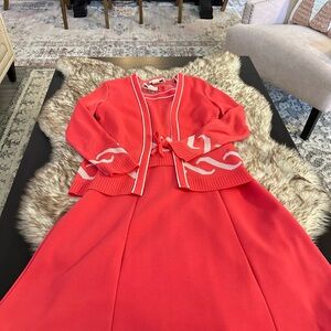 Coral Knit Cardigan and short sleeve dress Set